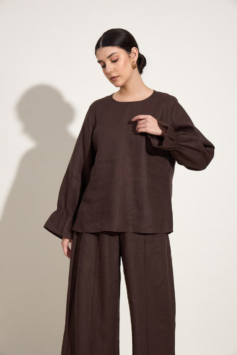 100% Linen Round Neck Flared Sleeve Top – Mocha