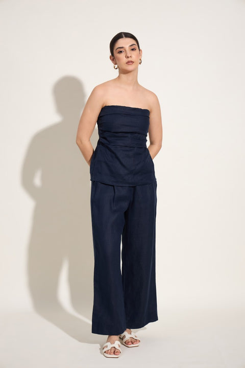 100% Linen Peplum Co-ord Set – Navy