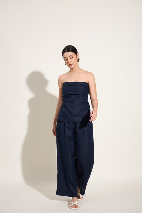 100% Linen Peplum Co-ord Set – Navy