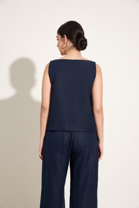 100% Linen Boat Neck Sleeveless Top – Navy