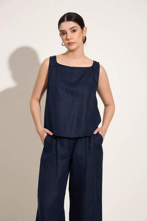 100% Linen Boat Neck Sleeveless Top – Navy