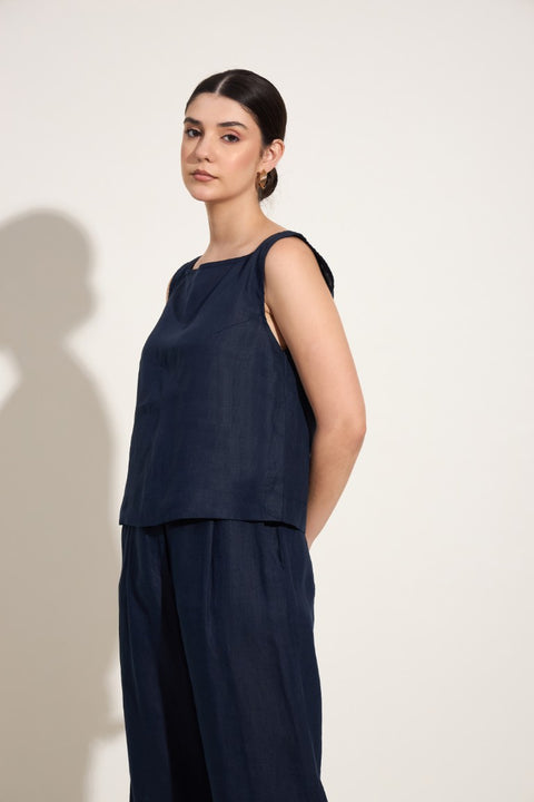 100% Linen Sleeveless Co-ord Set – Navy