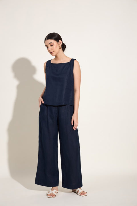 100% Linen Sleeveless Co-ord Set – Navy