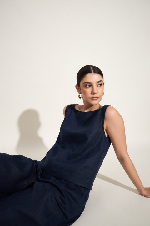 100% Linen Boat Neck Sleeveless Top – Navy