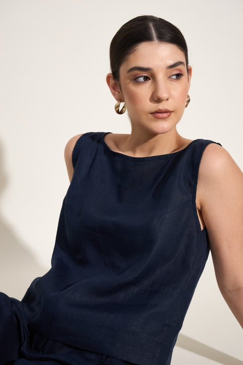 100% Linen Boat Neck Sleeveless Top – Navy