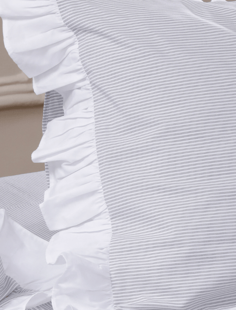 100% Organic Cotton Pin Stripe Bedsheet with Ruffle Pillow Covers (300 TC)- Black & White