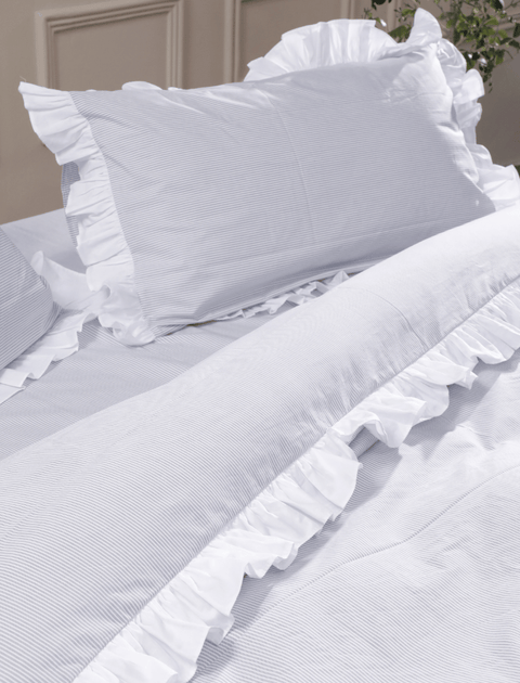 100% Organic Cotton Pin Stripe Ruffle Duvet Cover- Black & White (300 TC)