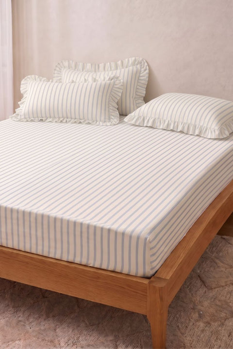Sky & Sand - 100% Organic Cotton Stripe Bedsheet with Ruffle Pillow Covers (300 TC)