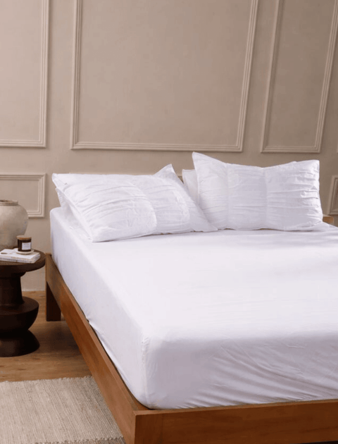 100% Organic Cotton Bedsheet With Gather Pillowcases- White (300TC)