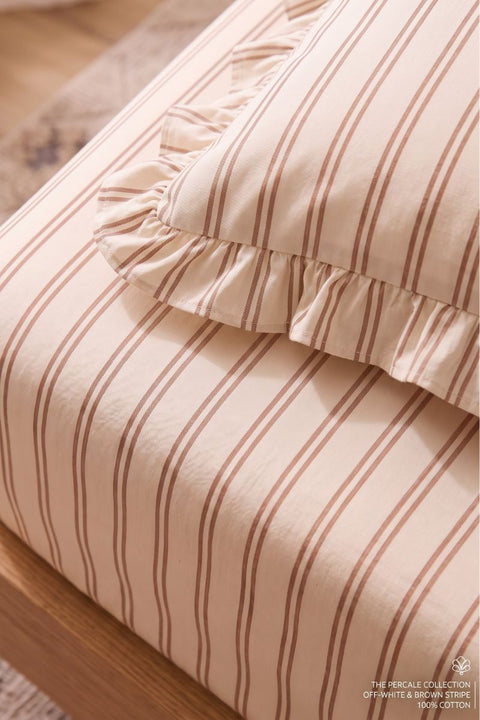 Chai and Biscuit - 100% Organic Cotton Stripe Bedsheet with Ruffle Pillow Covers (300 TC)
