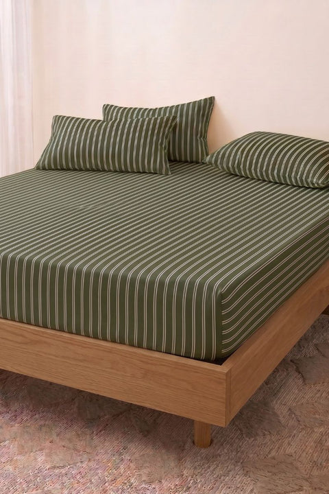 Spinach & Cream - 100% Organic Cotton Stripe Bedsheet with Pillow Covers (300 TC)