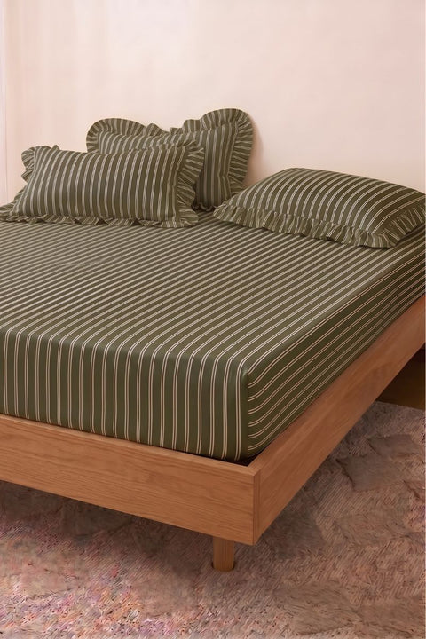 Spinach & Cream - 100% Organic Cotton Stripe Bedsheet with Ruffle Pillow Covers (300 TC)