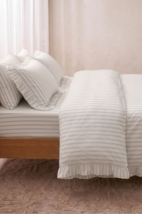 Sky & Sand- 100% Organic Cotton Stripe Ruffle Duvet Cover With Pillowcases (300 TC)