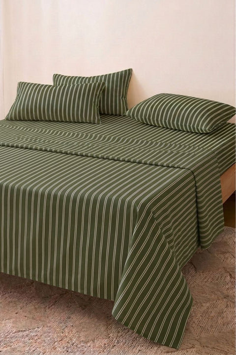 Spinach & Cream - 100% Organic Cotton Stripe Bedsheet with Pillow Covers (300 TC)