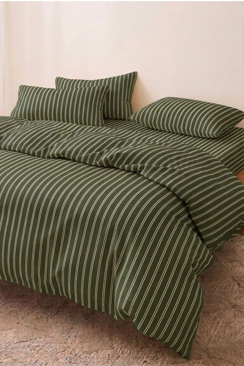 Spinach & Cream - 100% Organic Cotton Stripe Duvet Cover With Pillowcases (300 TC)