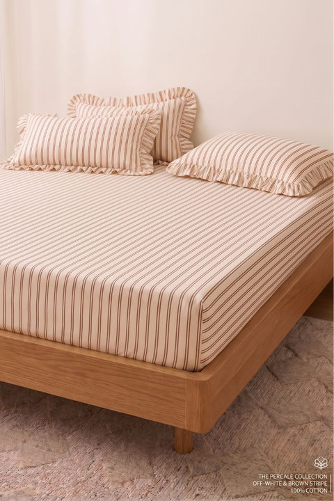 Chai and Biscuit - 100% Organic Cotton Stripe Bedsheet with Ruffle Pillow Covers (300 TC)