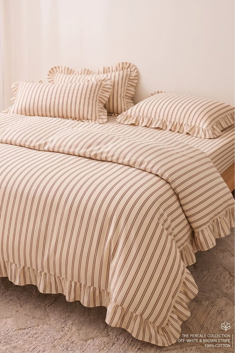Chai & Biscuit - 100% Organic Cotton Stripe Ruffle Duvet Cover With Pillowcases (300 TC)