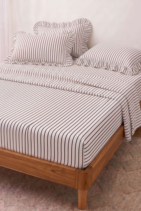 Black & White - 100% Organic Cotton Stripe Bedsheet with Ruffle Pillow Covers (300 TC)