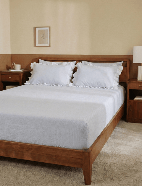 100% Organic Cotton Pin Stripe Bedsheet with Ruffle Pillow Covers (300 TC)- Blue & White