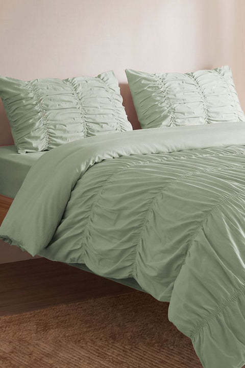 Tea Green - Classic Cotton Duvet Cover with Gathers (300 TC)