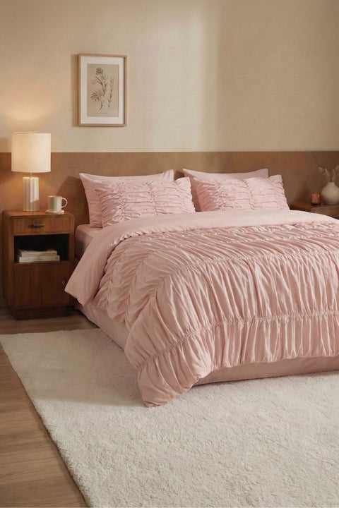 Blush Pink - Classic Cotton Gather Duvet Cover With Pillowcases (300 TC)