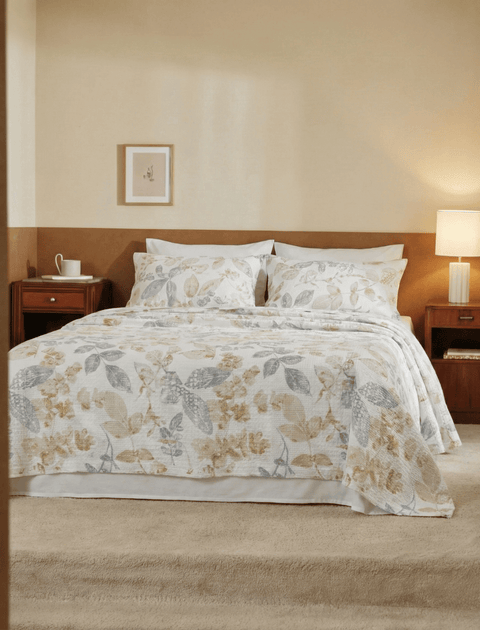 100% Cotton Bedcover in Waffle Weave with Pillow Covers (300 TC)- Floral