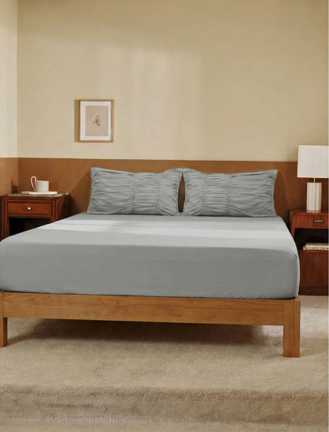 100% Organic Cotton Bedsheet With Gather Pillowcases- Grey (300TC)