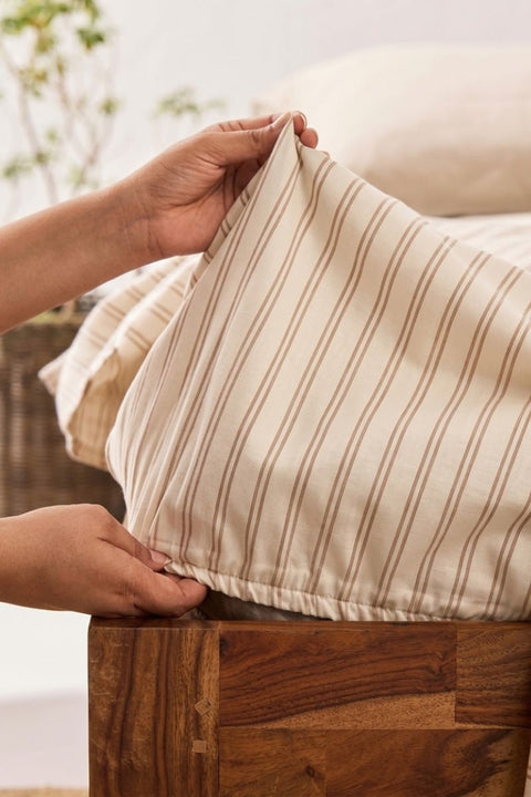 Chai & Biscuit - 100% Organic Cotton Stripe Bedsheet with Pillow Covers (300 TC)
