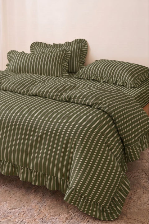 Spinach & Cream - 100% Organic Cotton Stripe Ruffle Duvet Cover (300 TC)