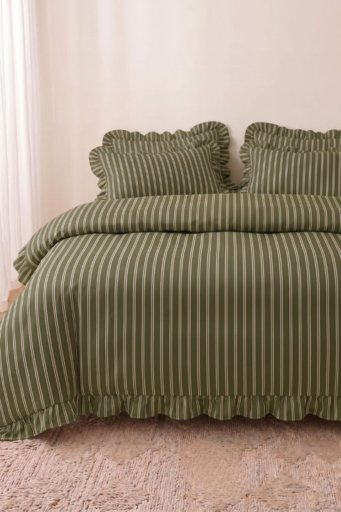 Spinach & Cream - 100% Organic Cotton Stripe Ruffle Duvet Cover (300 TC)