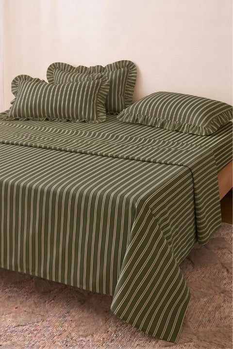 Spinach & Cream - 100% Organic Cotton Stripe Bedsheet with Ruffle Pillow Covers (300 TC)