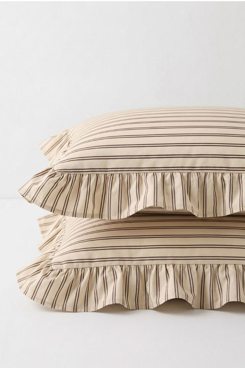 Chai and Biscuit - 100% Organic Cotton Stripe Bedsheet with Ruffle Pillow Covers (300 TC)