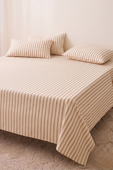 Chai & Biscuit - 100% Organic Cotton Stripe Bedsheet with Pillow Covers (300 TC)