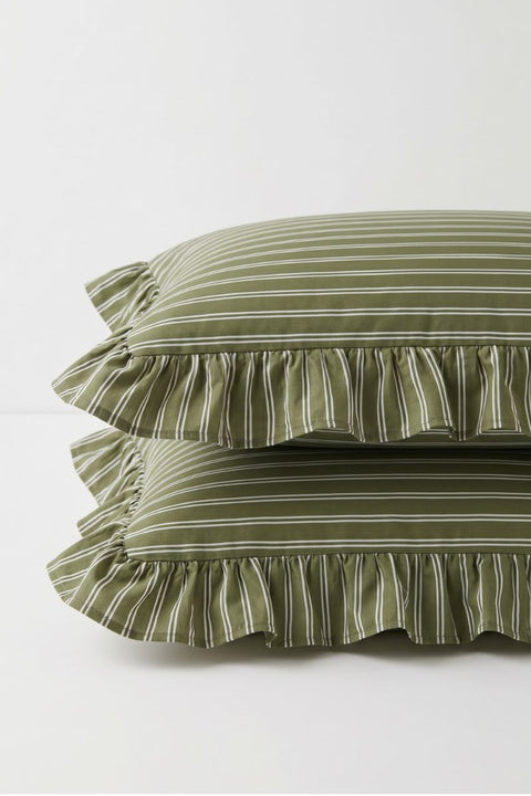 Spinach & Cream - 100% Organic Cotton Stripe Bedsheet with Ruffle Pillow Covers (300 TC)