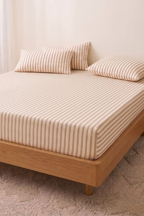 Chai & Biscuit - 100% Organic Cotton Stripe Bedsheet with Pillow Covers (300 TC)