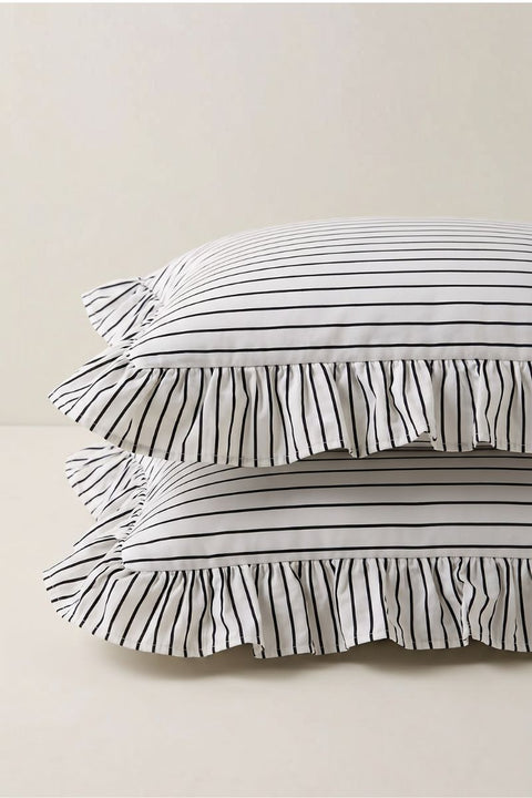 Black & White - 100% Organic Cotton Stripe Bedsheet with Ruffle Pillow Covers (300 TC)