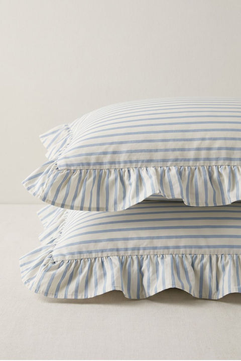 Sky & Sand - 100% Organic Cotton Stripe Bedsheet with Ruffle Pillow Covers (300 TC)