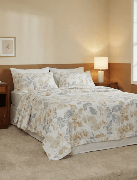 100% Cotton Bedcover in Waffle Weave with Pillow Covers (300 TC)- Floral