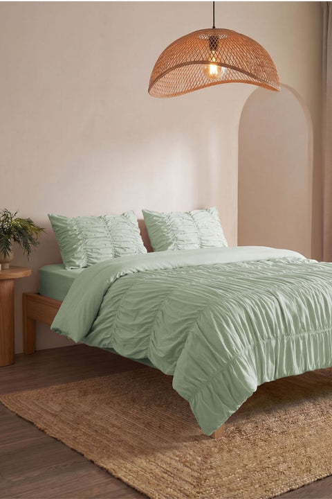 Tea Green - Classic Cotton Duvet Cover with Gathers (300 TC)