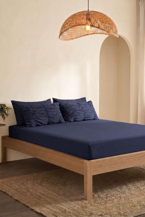 Navy- Classic Cotton Bedsheet with Gather Pillowcases (300 TC)