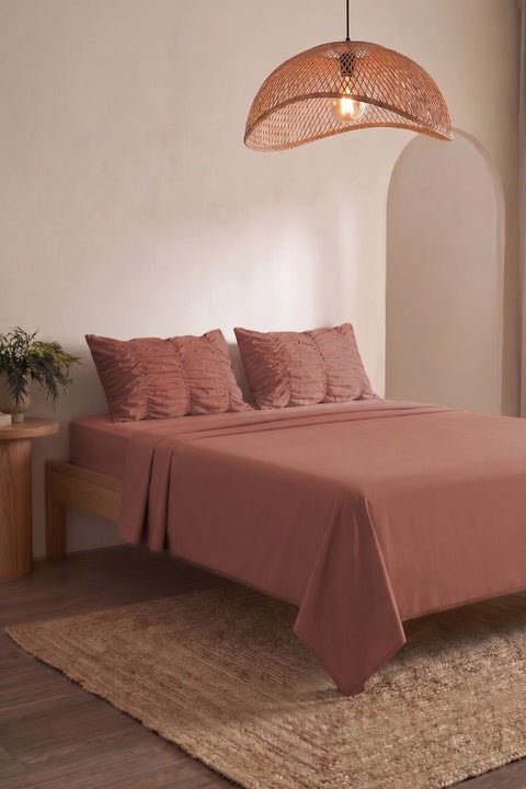 Terracotta- Classic Cotton Bedsheet with Gather Pillowcases (300 TC)
