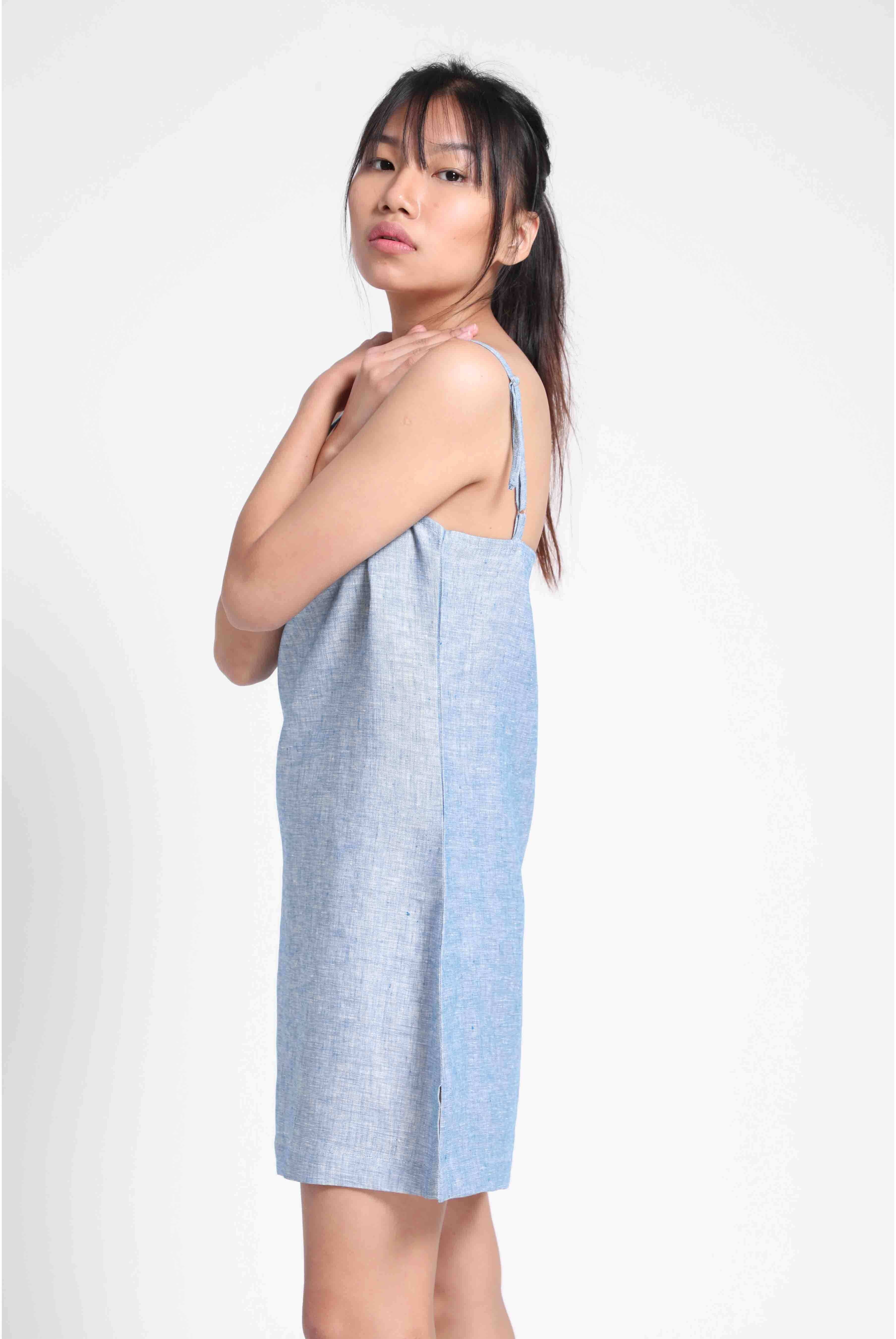 Linen Slip Dress in Blue Chambray