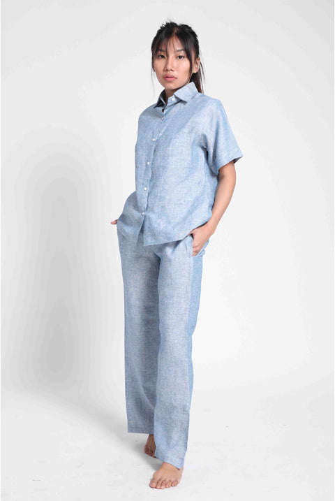 100% Linen Pyjama set in - Blue Chambray