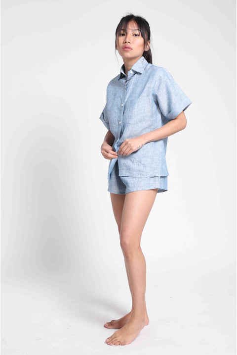 100% Linen shorts set - Blue Chambray