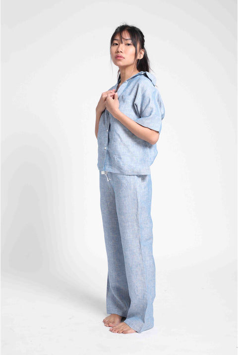 100% Linen Pyjama set in - Blue Chambray