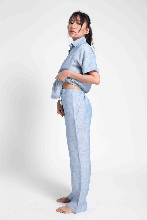 100% Linen Pyjama set in - Blue Chambray