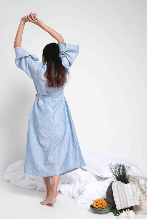 Linen Robe- Blue Chambray ( Free Size)