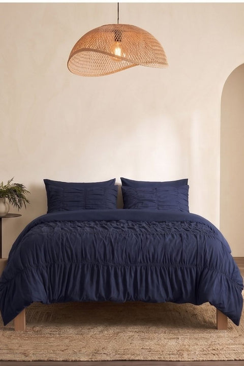 Navy - Classic Cotton Duvet Cover & Pillowcases with Gathers (300 TC)