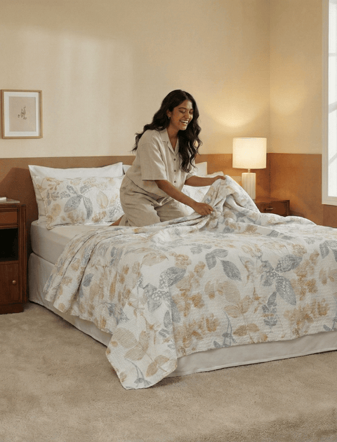 100% Cotton Duvet Cover in Waffle Weave with Pillow Covers (300 TC)- Floral