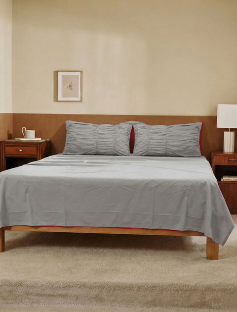 100% Organic Cotton Bedsheet With Gather Pillowcases- Grey (300TC)